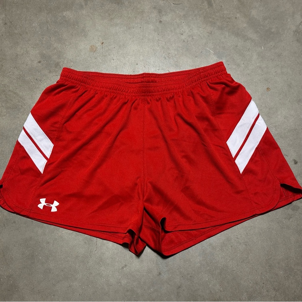 Under Armour Women's Red Athletic Shorts with White Accents